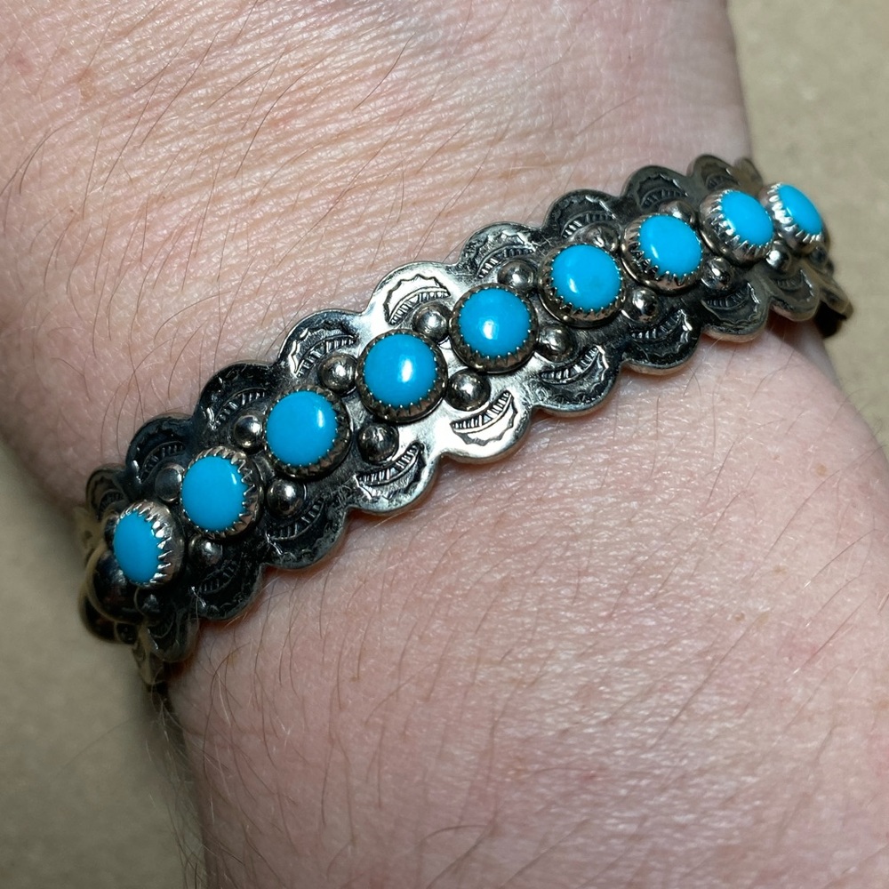 Vintage bell nickel silver faux turquoise bracelet